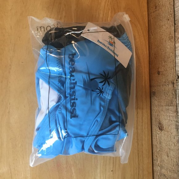 Beach Sissi Tankini Size L Blue/Black Ombre Stripe Top Solid Blue Bikini Bottom - Picture 10 of 10